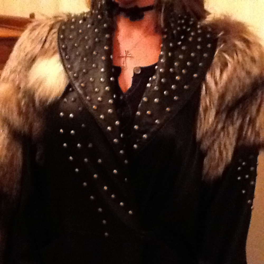 Studded Black Leather with Fox long coat to below the knee